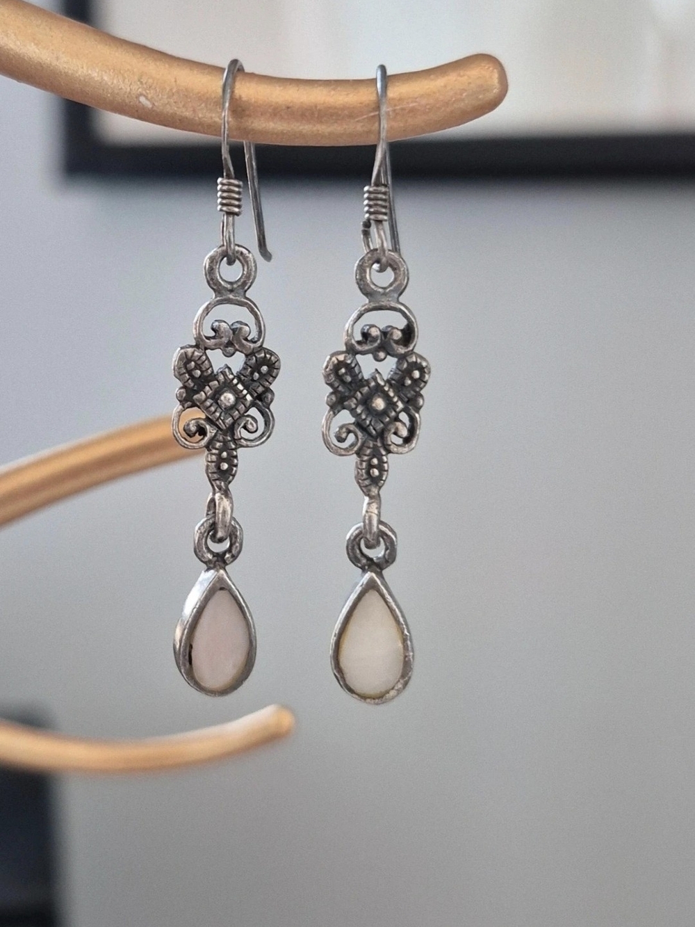 Silver Filigree Teardrop Earrings with Cream Inlay
